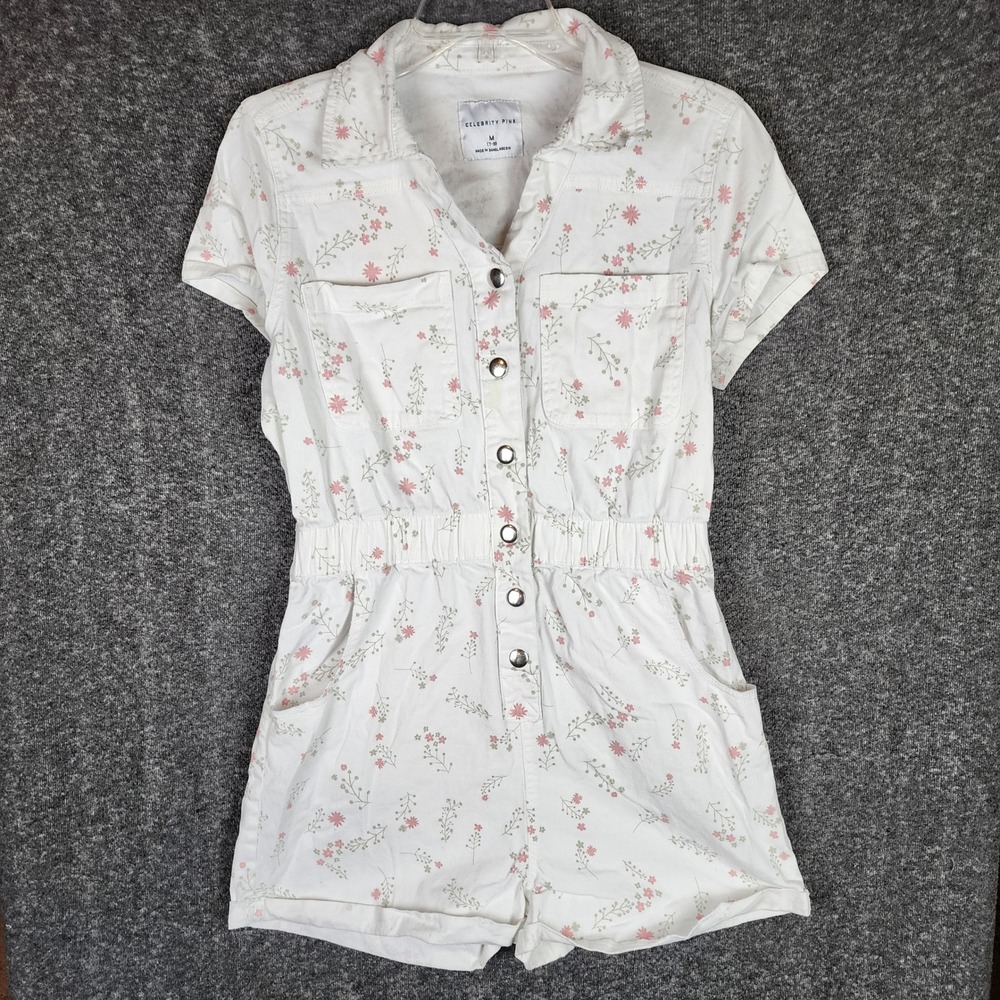 Celebrity Pink Romper Womens M White Floral Button Down Short Sleeve EUC